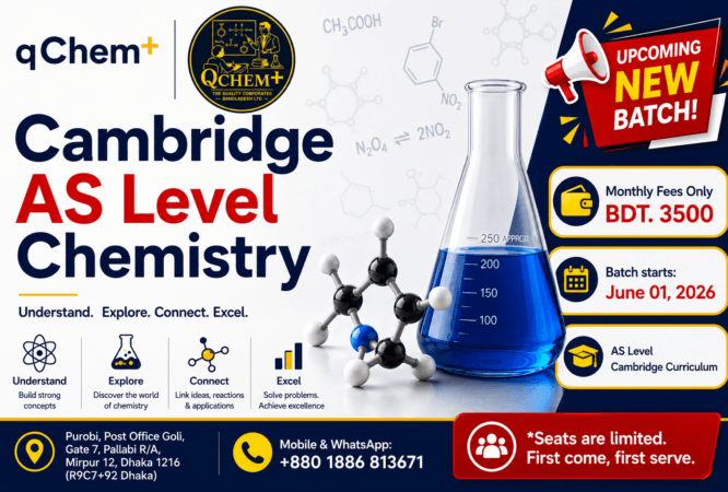 Professional promotional banner for qChem+ Cambridge AS Level Chemistry course featuring modern chemistry lab visuals, molecular structures, laboratory glassware, and scientific design elements. The image highlights an upcoming new batch for Cambridge Curriculum students with monthly fees of BDT 3500, batch start date June 01, 2026, and contact details for admission in Dhaka, Bangladesh.