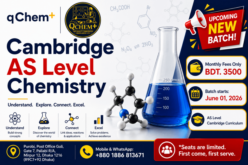 Professional promotional banner for qChem+ Cambridge AS Level Chemistry course featuring modern chemistry lab visuals, molecular structures, laboratory glassware, and scientific design elements. The image highlights an upcoming new batch for Cambridge Curriculum students with monthly fees of BDT 3500, batch start date June 01, 2026, and contact details for admission in Dhaka, Bangladesh.