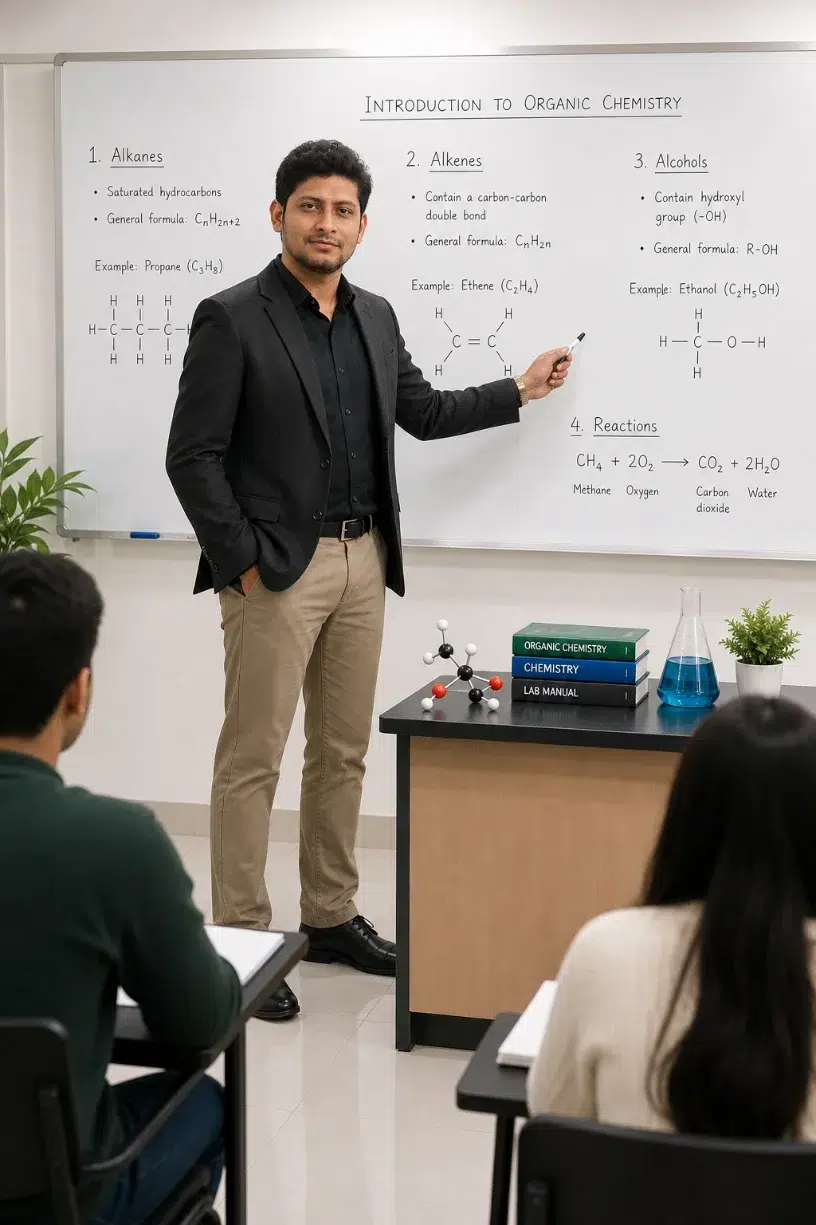 qChem+ 30 Rohan Ahmed teaching Organic Chemistry at qChem+ classroom, explaining alkanes, alkenes, alcohols, and organic reactions to O Level, A Level, SSC, and HSC students.