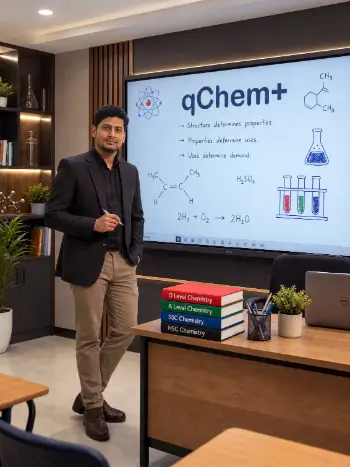 qChem+ 1 Rohan Ahmed teaching chemistry at qChem+ in a modern smart classroom with interactive chemistry diagrams, molecular structures, and O Level, A Level, SSC, and HSC Chemistry study materials.