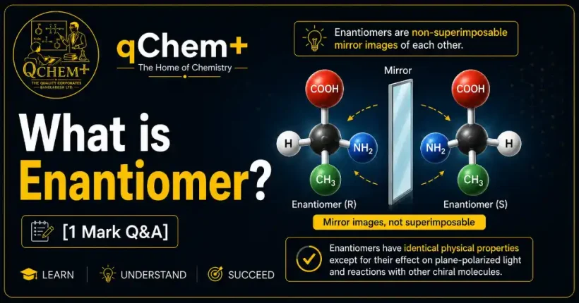 What is Enantiomer? [1 Mark Q&A] – qChem+ chemistry featured image illustrating enantiomers as non-superimposable mirror images with chiral molecules, stereochemistry concept, and optical isomerism for HSC, SSC, O Level, AS Level, and A Level Chemistry students.