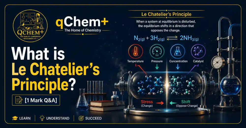 What is Le Chatelier’s Principle? [1 Mark Q&A] – qChem+ The Home of Chemistry chemistry featured image illustrating chemical equilibrium, stress and shift, and reaction conditions like temperature, pressure, concentration, and catalyst for HSC, SSC, O Level, AS Level, and A Level students.