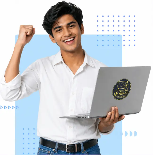 qChem+ 14 Smiling Bangladeshi chemistry student holding a laptop with the qChem+ logo, representing quality chemistry education, expert guidance, exam preparation, and academic success for SSC, HSC, O Level, and A Level students in Bangladesh.