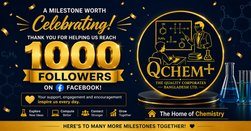 qChem+: the Best Chemistry Coaching Center in Dhaka, celebrating 1000 Facebook followers milestone with official logo and The Home of Chemistry slogan on a professional blue and gold featured image.