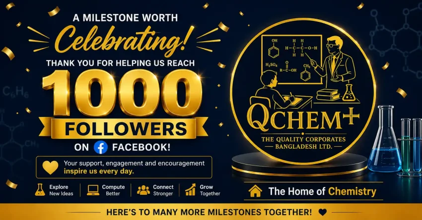 qChem+: the Best Chemistry Coaching Center in Dhaka, celebrating 1000 Facebook followers milestone with official logo and The Home of Chemistry slogan on a professional blue and gold featured image.